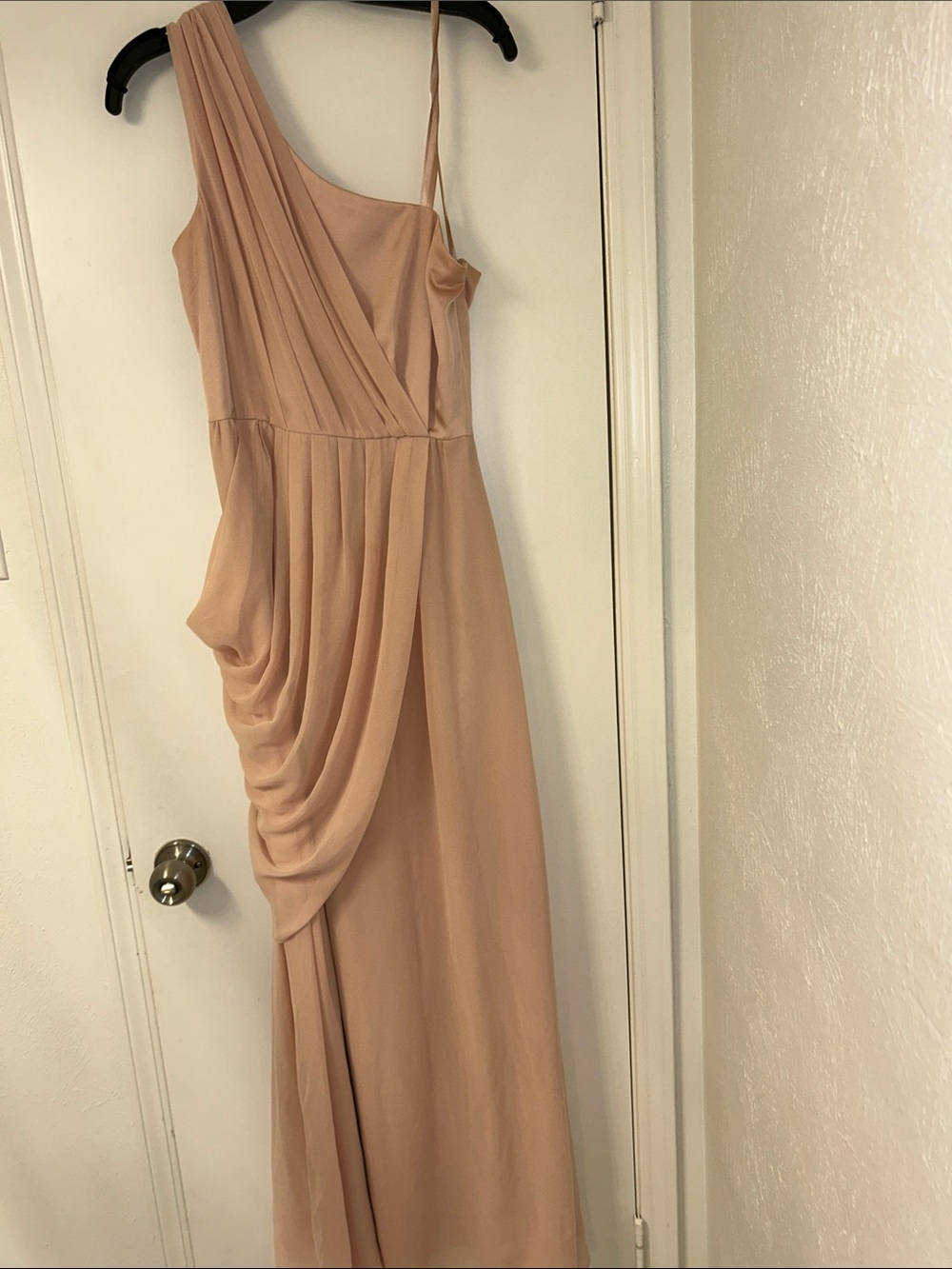 Max & Cleo One-Shoulder Dusty Blush Draped Gown